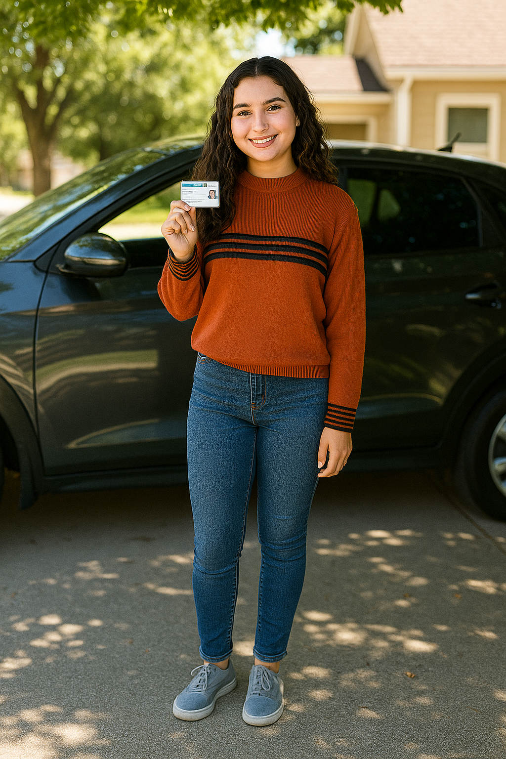 Teen girl holding driver license after passing road test in Hurst – Driving classes near me and DPS authorized road test Hurst