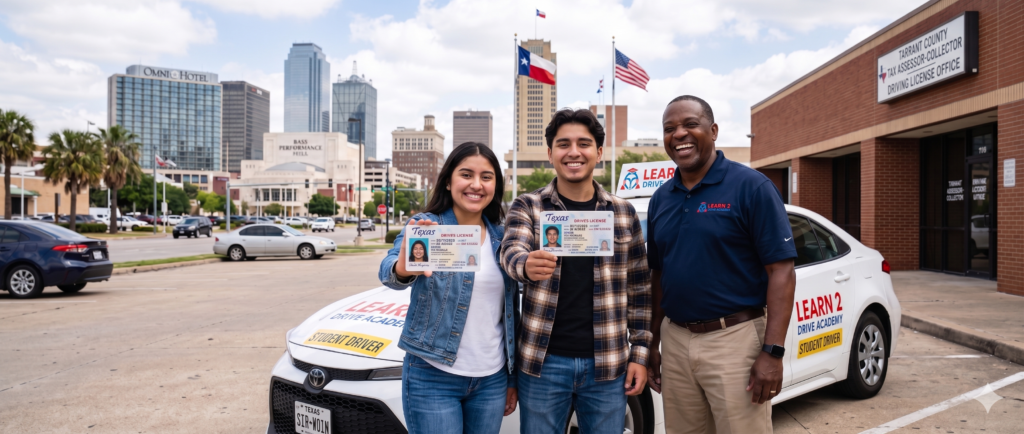 Two happy young students holding their new Texas driver's licenses, celebrating a successful road test in Fort worth with their Learn2Drive Academy instructor, standing in front of a white academy car.