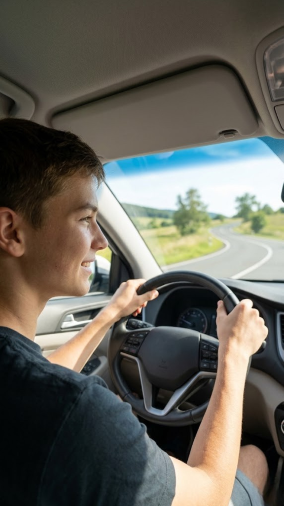 A smiling teenage boy with hands on the steering wheel drives a car confidently on an open road, representing 'driving lessons for teens Fort Worth in Texas' and a safe 'teen behind the wheel fort Worth. TX