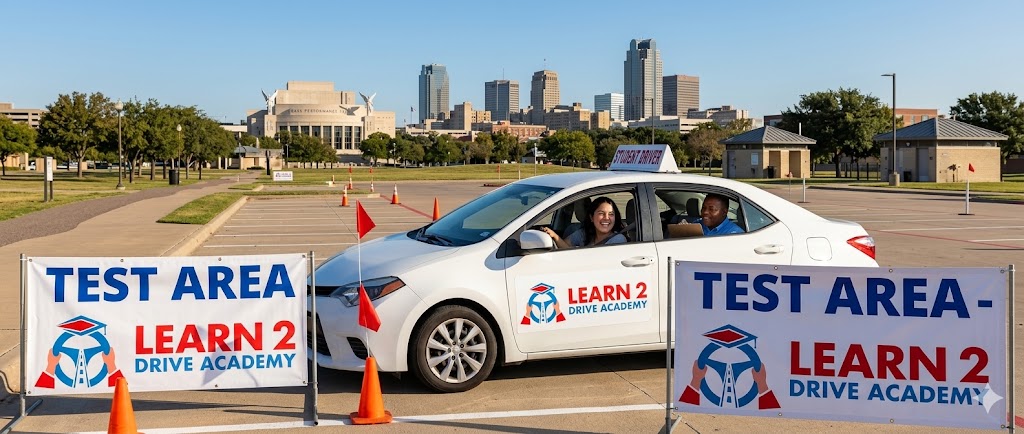 A happy female student sitting in a Learn 2 Drive Academy car, ready for her DPS Authorized Road Test Hurst, showcasing a positive experience with our driving lessons for Adult Hurst.