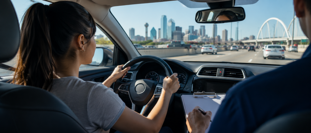 Female student practicing defensive driving on a Dallas-Fort Worth highway during a professional driving lesson from Learn2drive Academy in Euless, TX