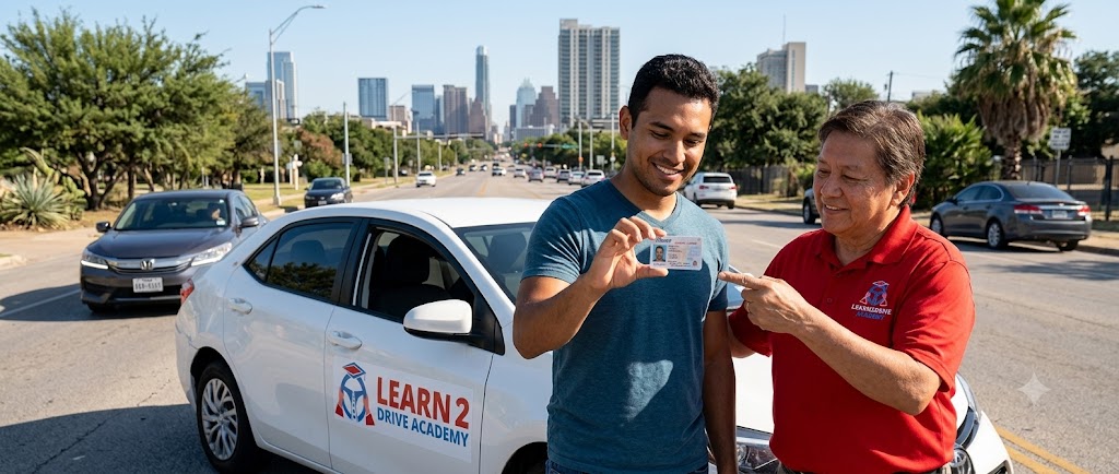 "Ready to drive? Just like this adult student proudly holding his new Texas driver's license next to a Learn2Drive Academy instructor on a sunny Texas city street, you can pass your authorized road test with confidence! Discover how to get a driver’s license in Texas with this complete step-by-step guide.