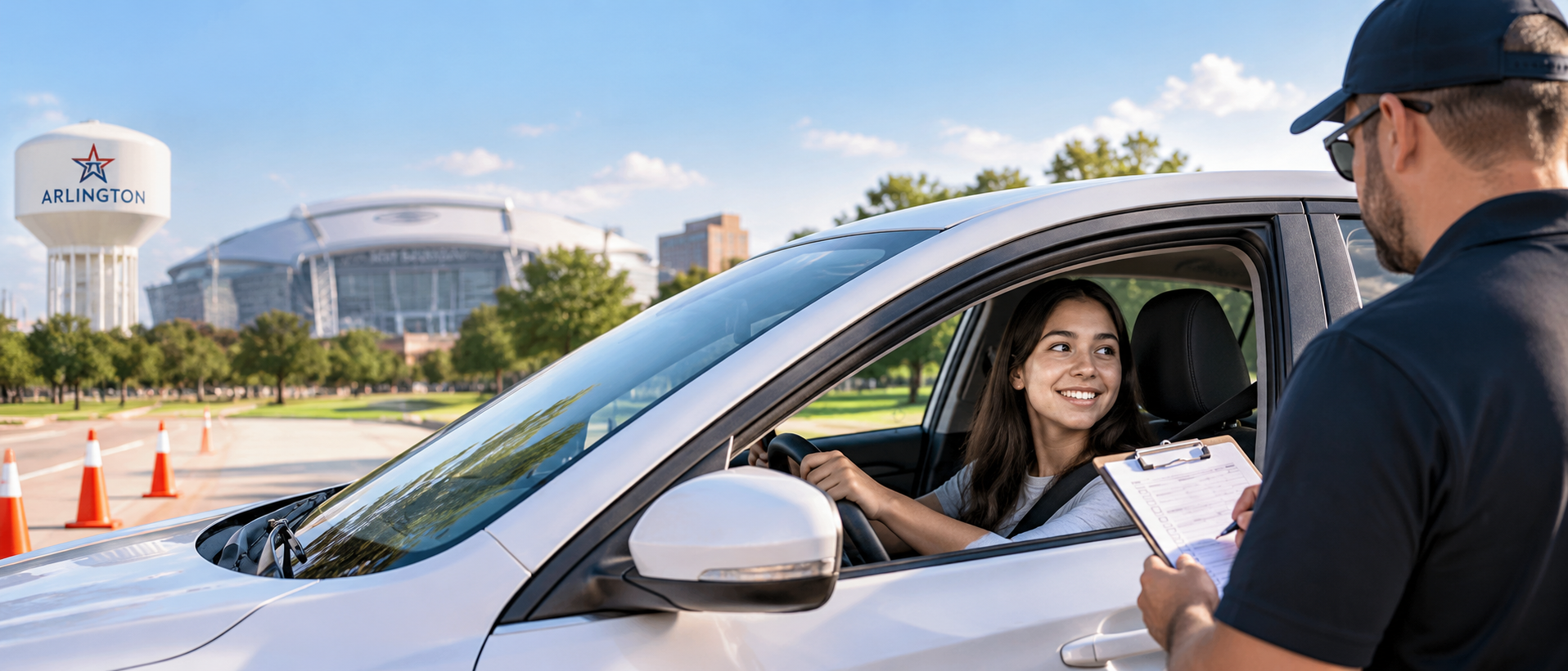 A student takes a road test in Arlington TX while a driving instructor evaluates her skills near Arlington driving test facilities