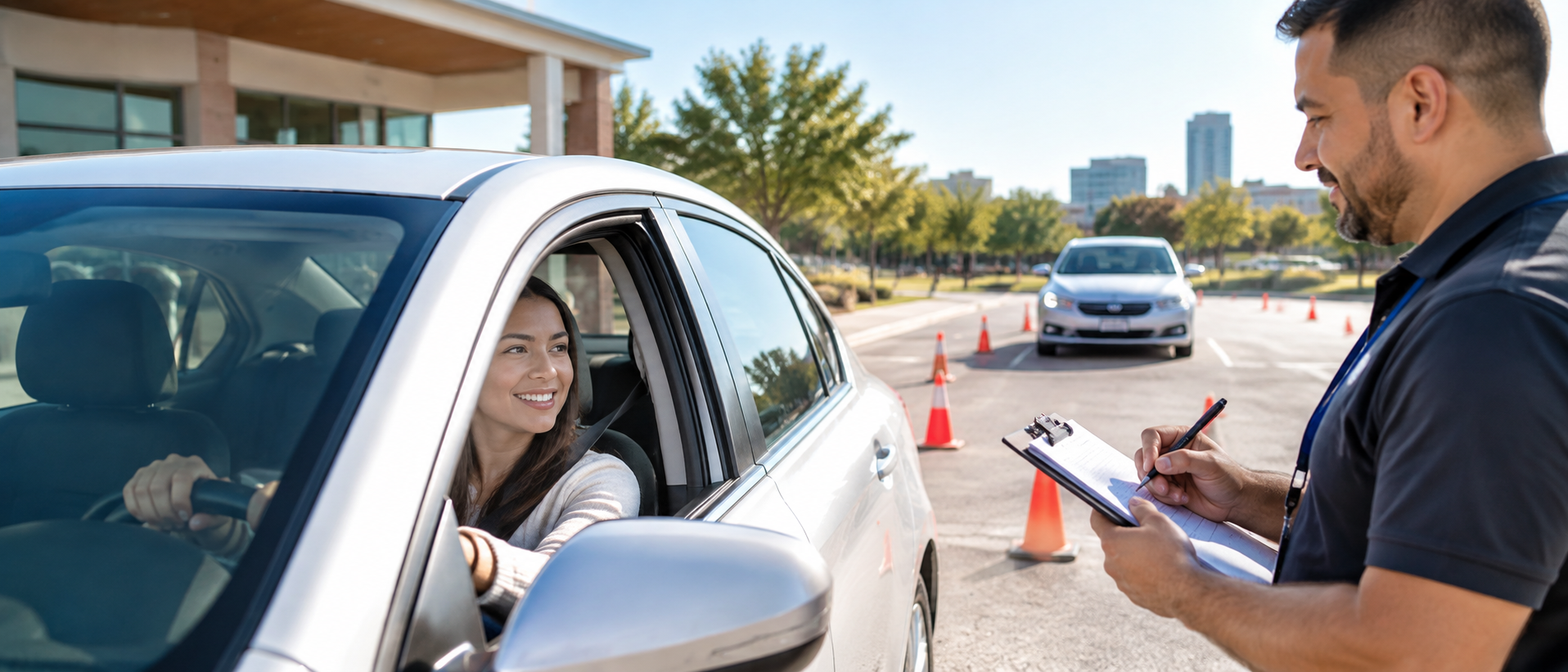 Driver taking a road test in Euless, TX with a driving examiner beside the car